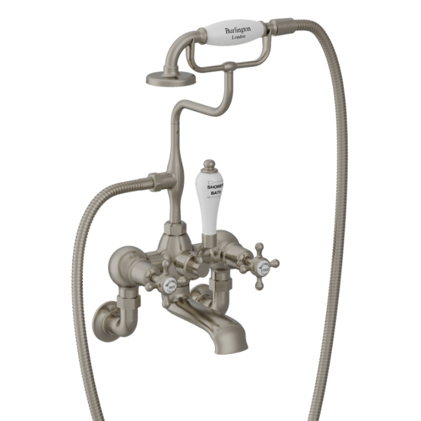 Product Cut out image of the Burlington Claremont Brushed Nickel Wall Mounted Bath Shower Mixer